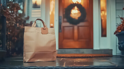brown paper bag sits on stone porch in front of wooden door, creating warm and inviting atmosphere. entrance is adorned with wreath, enhancing cozy feel