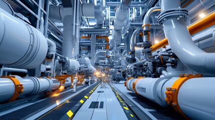 Futuristic industrial interior with complex network of pipes, machinery, and walkways.
