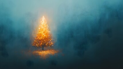 Obraz premium A lone Christmas tree, glowing with lights, viewed through a frosted windowpane.