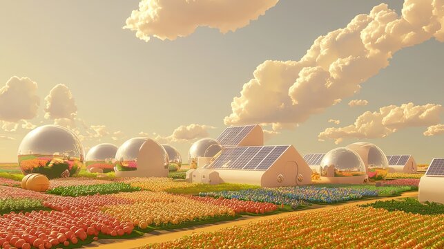 Retro-Futuristic Farm of Tomorrow with Bubble-Shaped Barns and Solar Panels under a Sunny Sky | Ultra-Detailed 3D Render Illustration