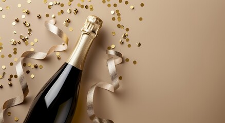 Champagne bottle with gold confetti and ribbon on a beige background.