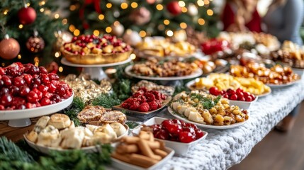 Fototapeta premium Christmas Festive Buffet Table with Appetizers Desserts and Christmas Tree Decor