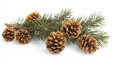 Fototapeta premium A lovely Christmas tree branch and golden pine cones on a white background, perfect for festive, winter, or holiday decorations.
