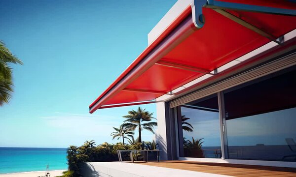 Modern outdoor awning with vibrant red color against clear blue sky
