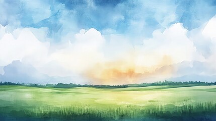 Fototapeta premium Watercolor style painting of a bright green meadow under a vast blue sky with fluffy white clouds offering abundant copy space for marketing banners.