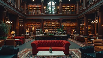 Night time large retro grand hotel, lobby with a bar a bookshop in the corner of the room.