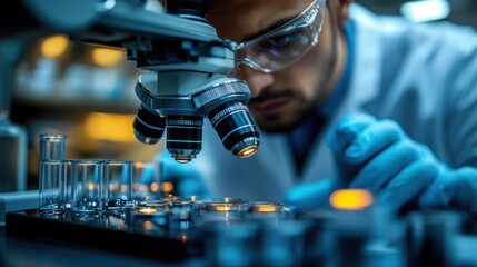A scientist wearing safety goggles looks intently through a microscope at a sample while working in a laboratory setting.