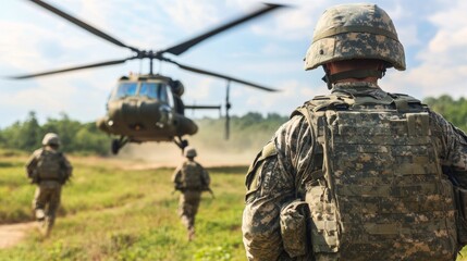 Military Soldier Helicopter Landing Field Green Uniform