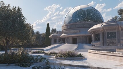 Futuristic Retro Observatory with Intricate Designs and Starry Views in 3D Render Illustration