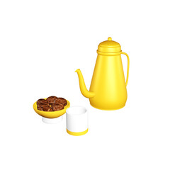 golden teapot, a bowl of dates and drinking water to break the fast in the month of Ramadan