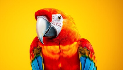 Fototapeta premium Red Macaw Parrot Close Up on Yellow Background,