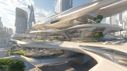 Futuristic Retro Conference Center in Urban Environment - Ultra-Detailed 3D Render Illustration