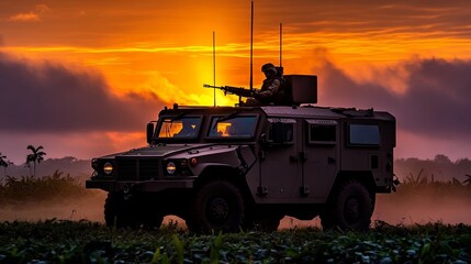 Fototapeta premium Military Humvee Silhouette at Sunset with Soldier on Top