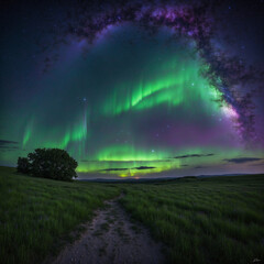 Obraz premium Rolling green meadows with a violet planet towering above; faint auroras dance across the starlit sky