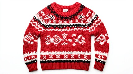 A red Christmas sweater with a knitted design, like the ones people wear for fun during the holidays, is by itself on a white background.