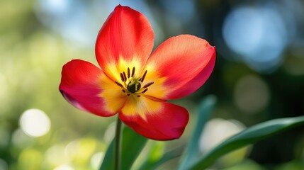 Fototapeta premium Vibrant Red Flower with Yellow Center in Nature