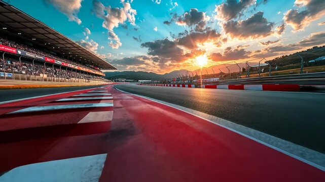 A race track curves towards the setting sun, with grandstands in the background