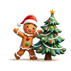 Celebrate the joy of the season with a festive gingerbread character and christmas tree, digital illustration of holiday theme concept.