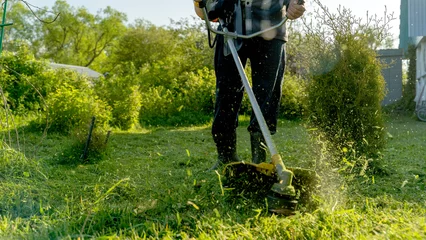 grass trimmer on the grass or in the hands of a gardener