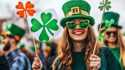 Fototapeta premium Happy Woman Celebrating St Patrick s Day with Shamrock Flags