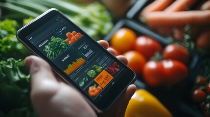 Closeup of a digital nutritional analysis on a smartphone scanning a food product label, nutrition tech, smart eating