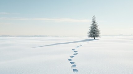 Serene Winter Landscape with Snowy Tree and Footprints