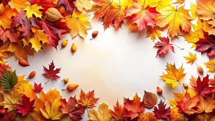 Fototapeta premium Colorful Autumn Leaves Border on White Background - Vibrant Fall Foliage, Long Exposure Art, Seasonal Decor, Nature Background, Aesthetic Design, Autumn Colors, Natural Beauty