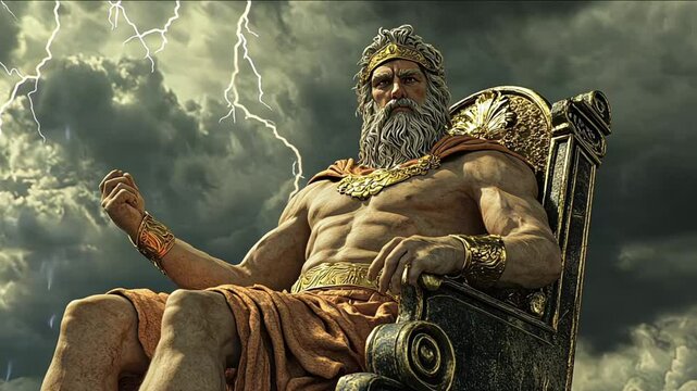 A majestic statue of Zeus surrounded by thunder and dramatic clouds, symbolizing power and mythology