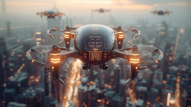 A futuristic city with passenger drones gliding above the streets. The drones are compact, quiet, and electric, equipped with advanced safety sensors. with drones moving precisely over the cityscape.