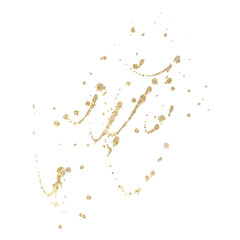 Golden sparkling splashes and drops, imitation garland. Hand drawn twinkling isolated illustration for decoration. For Christmas and Happy New Year greeting cards, festive packaging and designs.