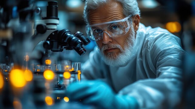 A senior scientist in a lab coat and safety glasses looks intently at the camera while working with a microscope and test tubes in a laboratory.