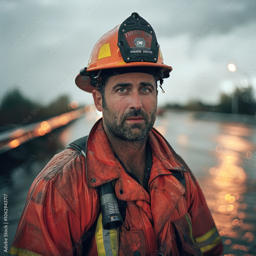 Poster portrait of a firefighter in a flooding disaster in a highway.