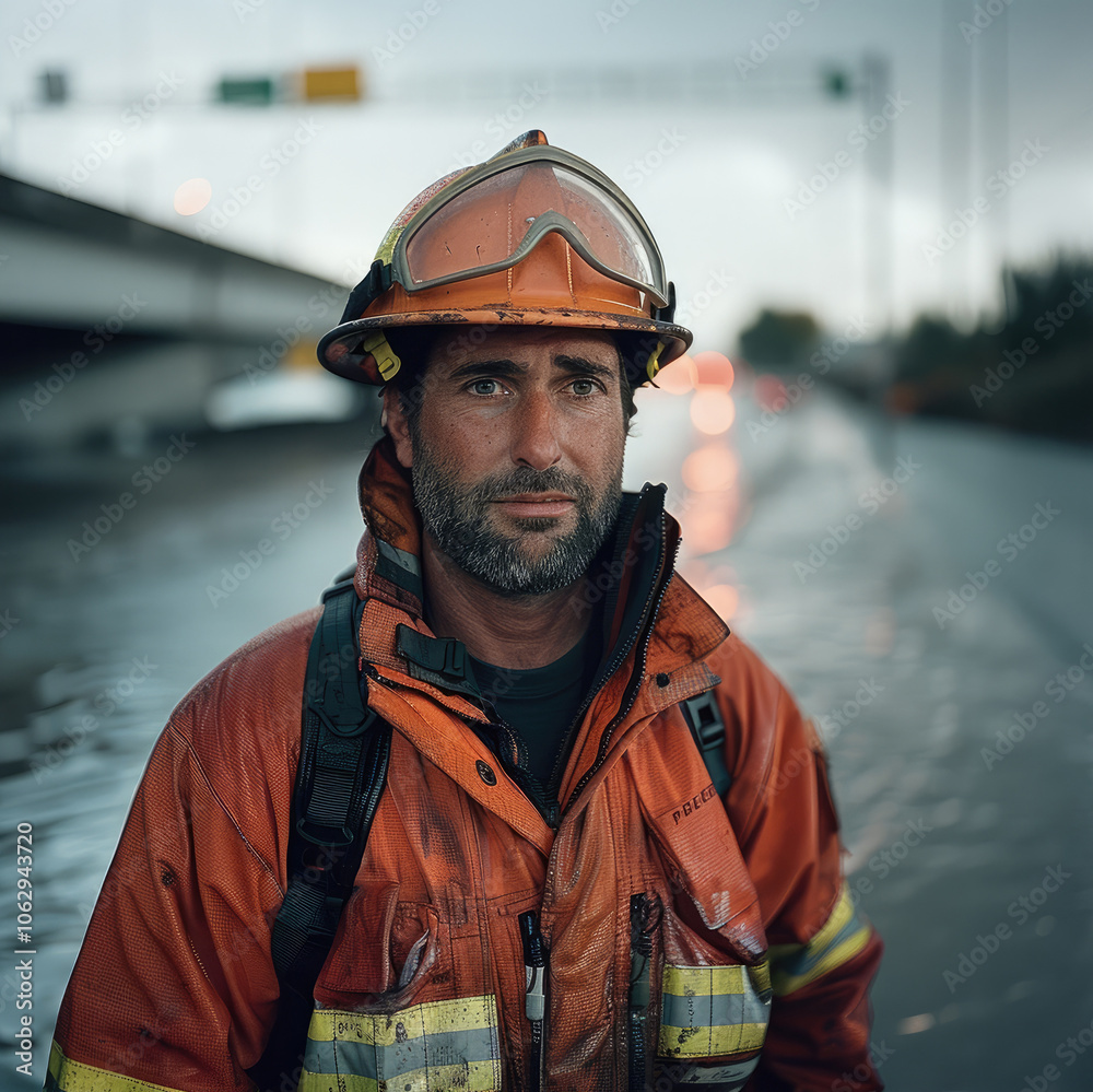 Poster portrait of a firefighter in a flooding disaster in a highway.