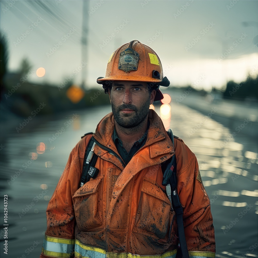 Poster portrait of a firefighter in a flooding disaster in a highway.