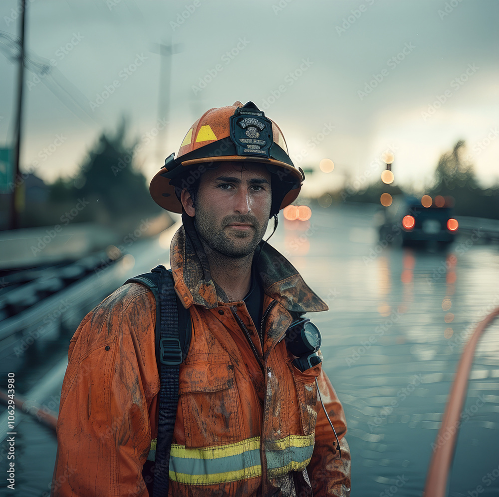 Poster portrait of a firefighter in a flooding disaster in a highway.