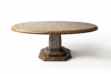 Round granite table with a brown and black speckled surface and a sturdy pedestal base against a clean white background for elegance
