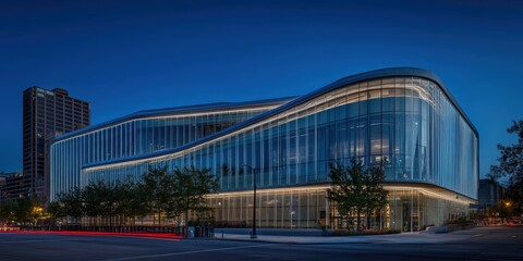 Obraz premium Modern glass building with street view at dusk.