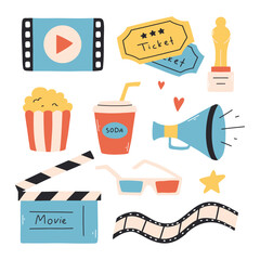 Set of cinema elements. Vector illustration. Flat style.