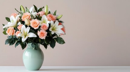 A beautiful bouquet of pink roses and white lilies arranged in a pale green vase, set against a neutral background, adding elegance and charm to any space.