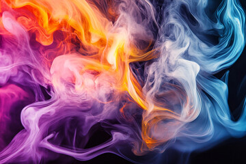 Fototapeta premium Abstract Colorful Smoke: Vivid swirls of purple, orange, and white smoke dance against a black backdrop, creating a mesmerizing abstract art piece.