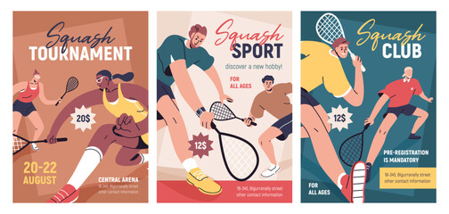 Squash sport cards set, flyer designs. Court game players with racquets, club and tournament promotion. Vertical promo ad templates, advertising placard backgrounds. Flat vector illustrations