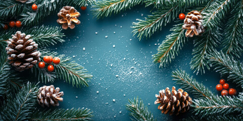 Festive Christmas Background with Snow-Dusted Fir Branches and Pinecones on Teal Surface