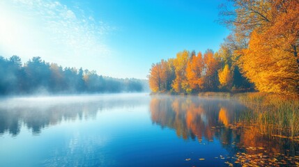 Obraz premium A tranquil morning scene at a lake, with mist rising above