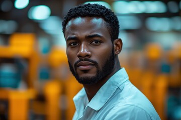 Fototapeta premium Confident young man in industrial setting with blurred background