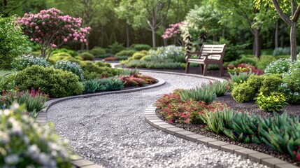 Obraz premium Stone path winding through a lush garden with a bench and flowers. AI generative. .