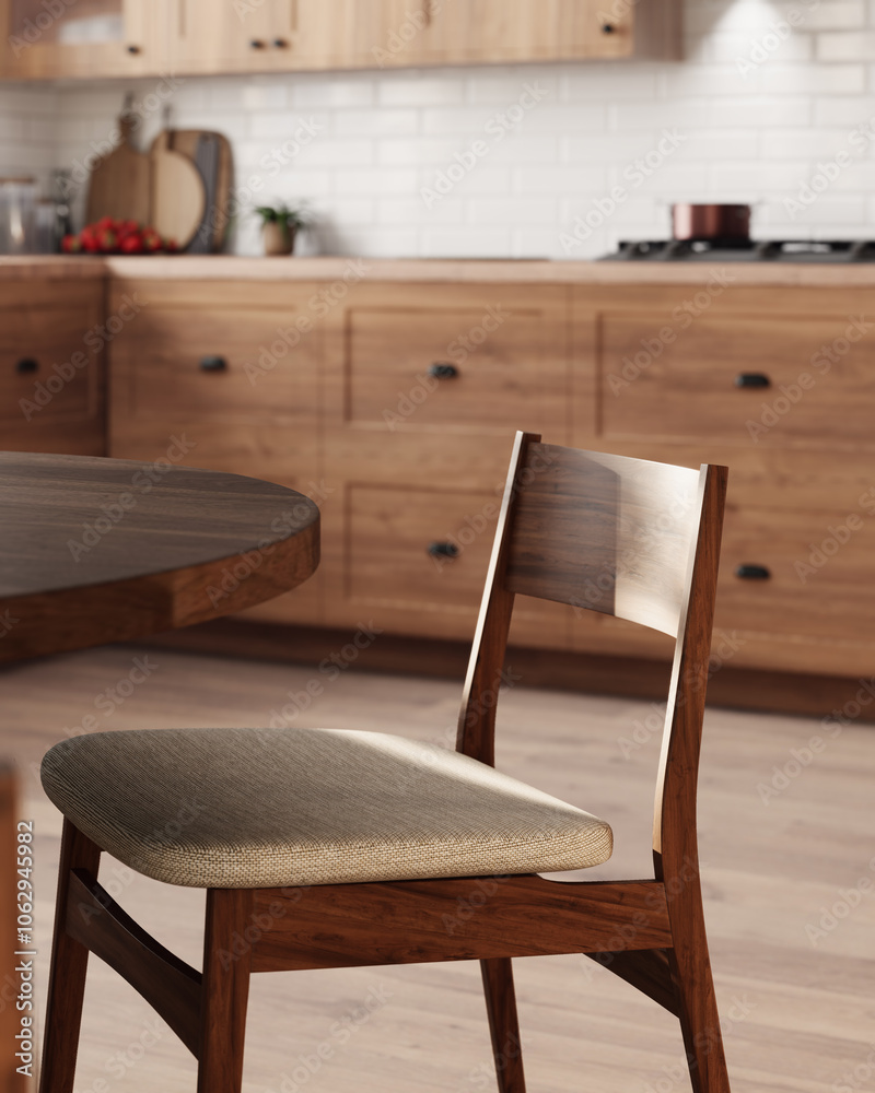 Wall mural Elegant wooden chair with a light fabric seat against the background of a modern kitchen.