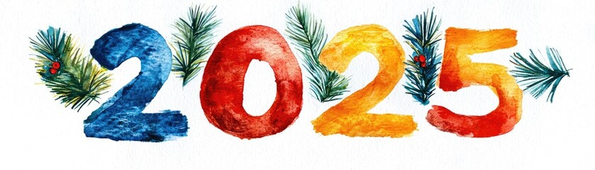 Hand-painted holiday design with  the word "2025"  in watercolor, soft and inviting