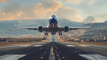 Naklejka premium A royal blue commercial cargo jet taking off from a busy runway and soaring into the distance on a beautiful day.