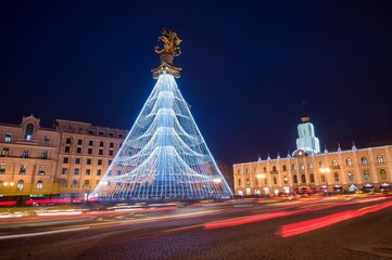 Saint George column on the Liberty Square at night in Tbilisi, Georgia