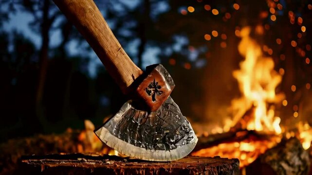 Axe Cutting Woodin the night